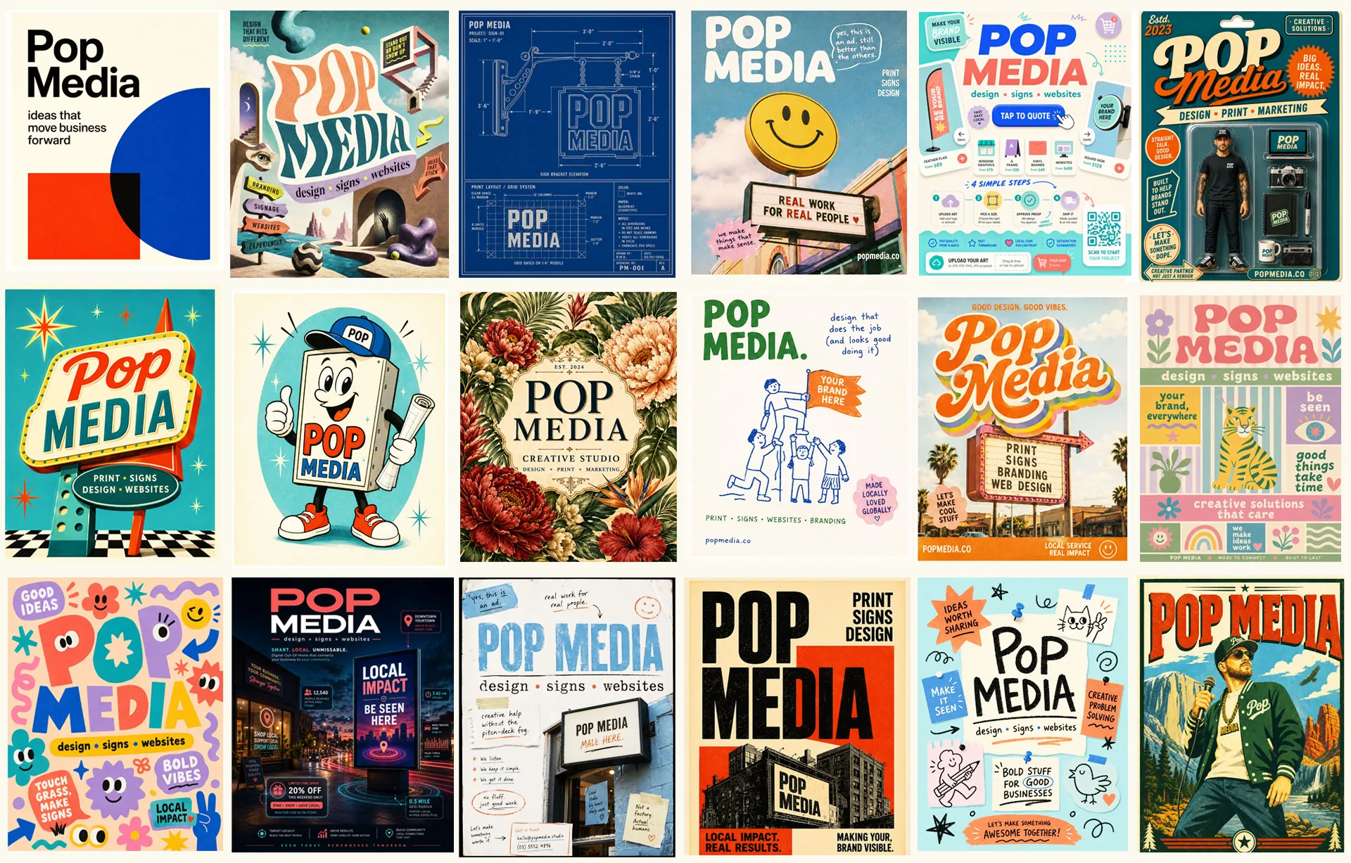 A collage of Pop Media USA design styles — postcards, signs, branding, and local ads.